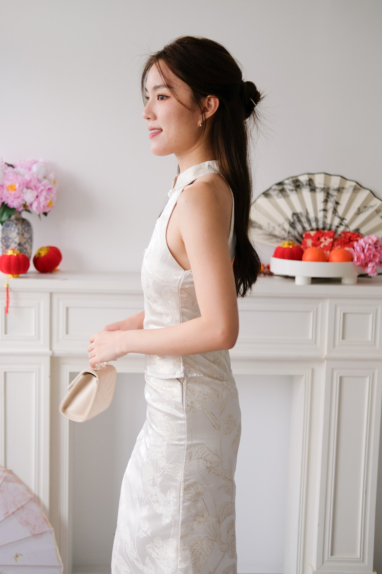 Yan Xi Halter Maxi Cheongsam Set (Cream Gold)