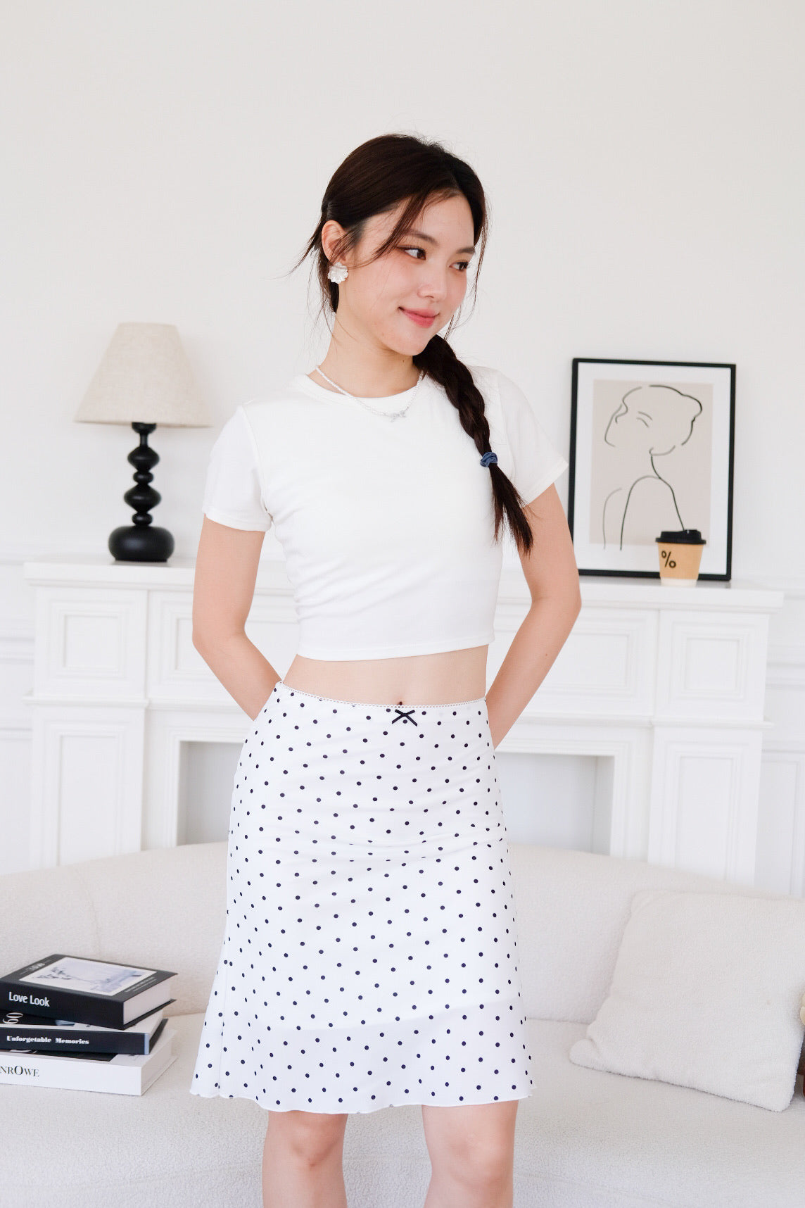 Clarise Mini Bow Knee Length Flare Skirt (Polka White)