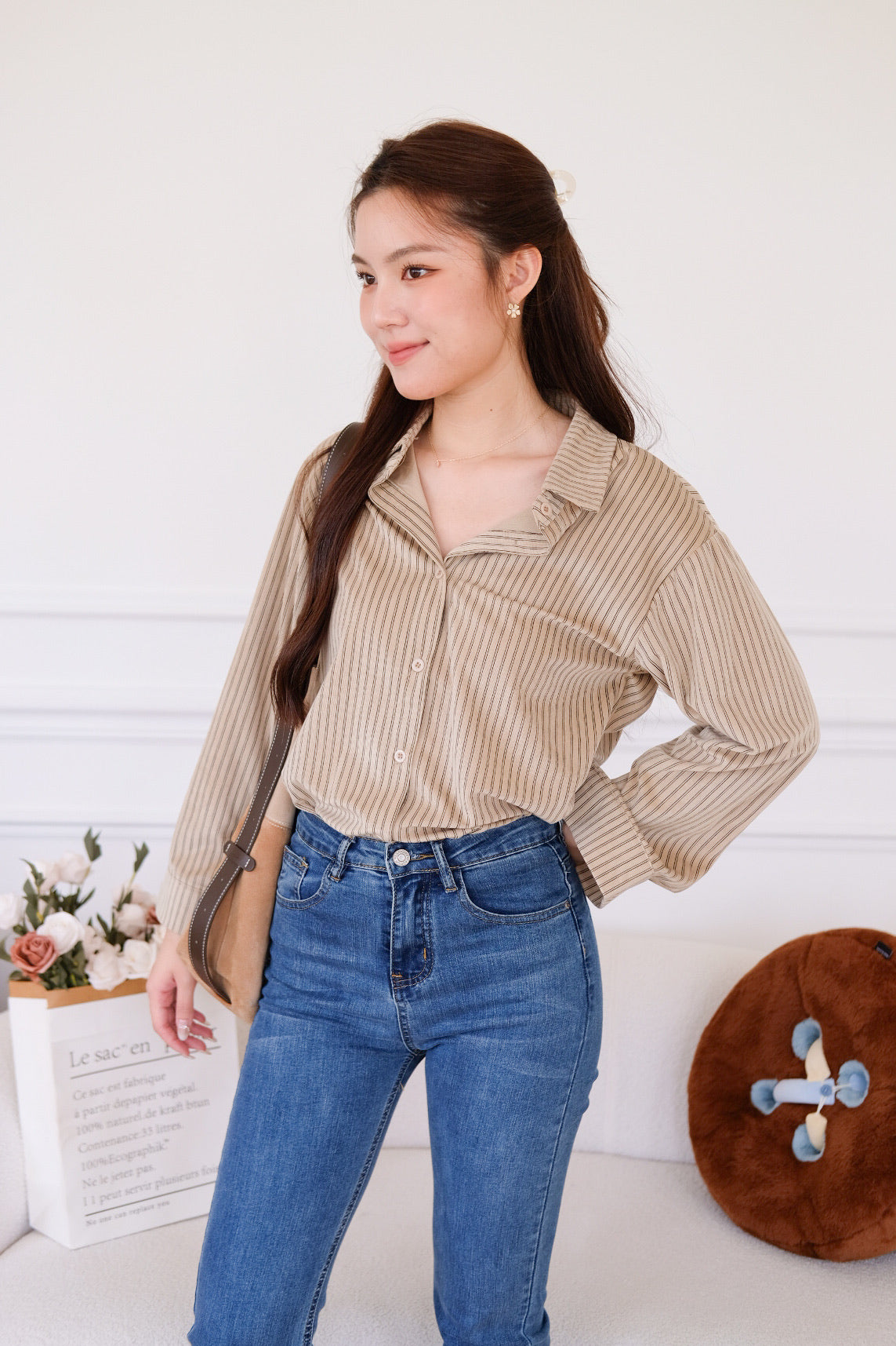 Henley Pinstripe Suede Shirt (Khaki)