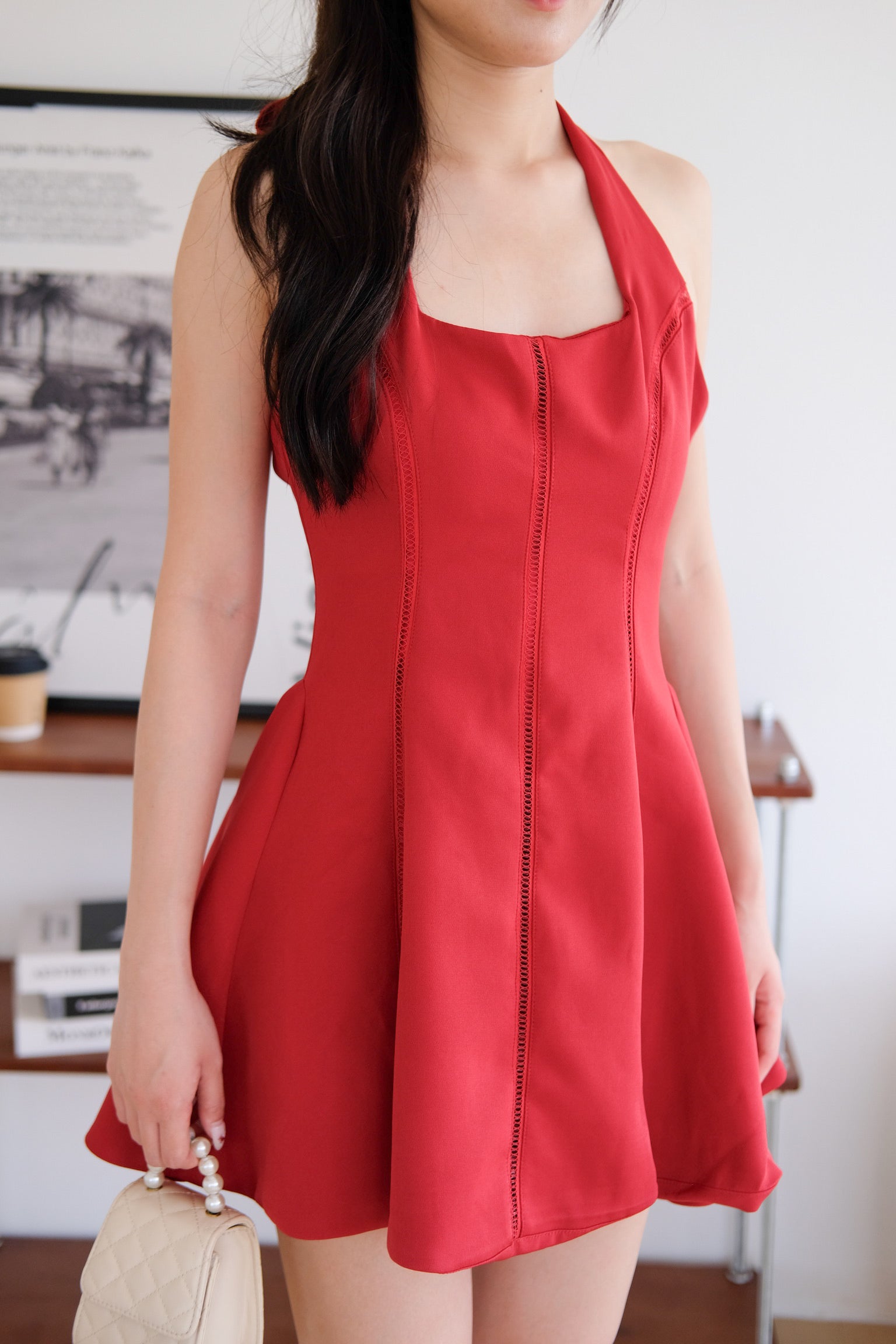 Violette Self Tie Halter Skater Dress (Red)