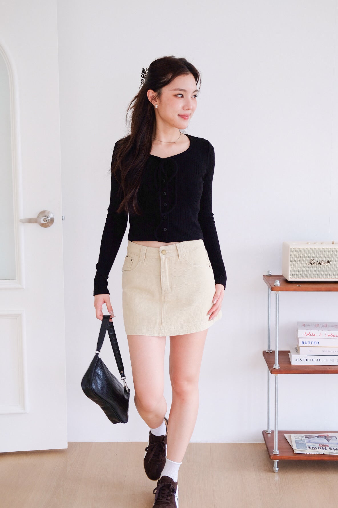 Coco Ribbon Long Sleeve Knit Top (Black)