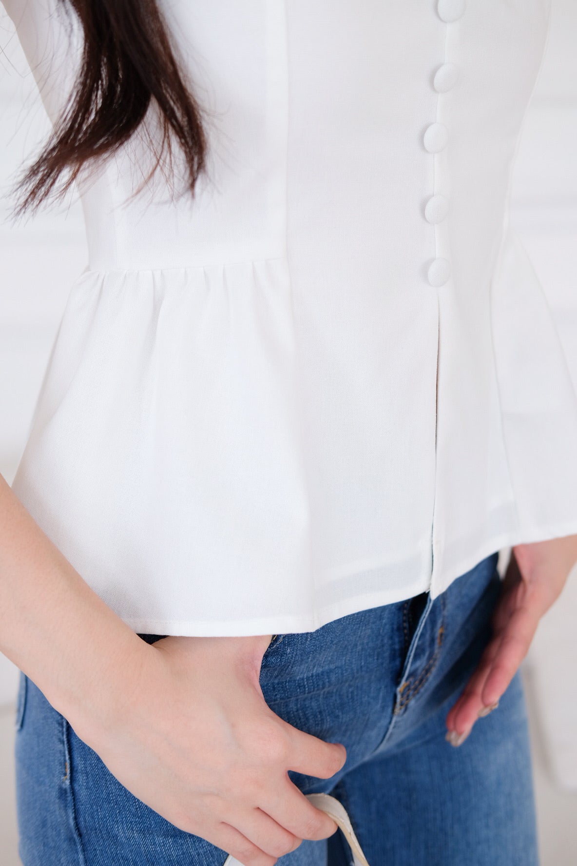 Naylie Peplum Front Slit Top (White)