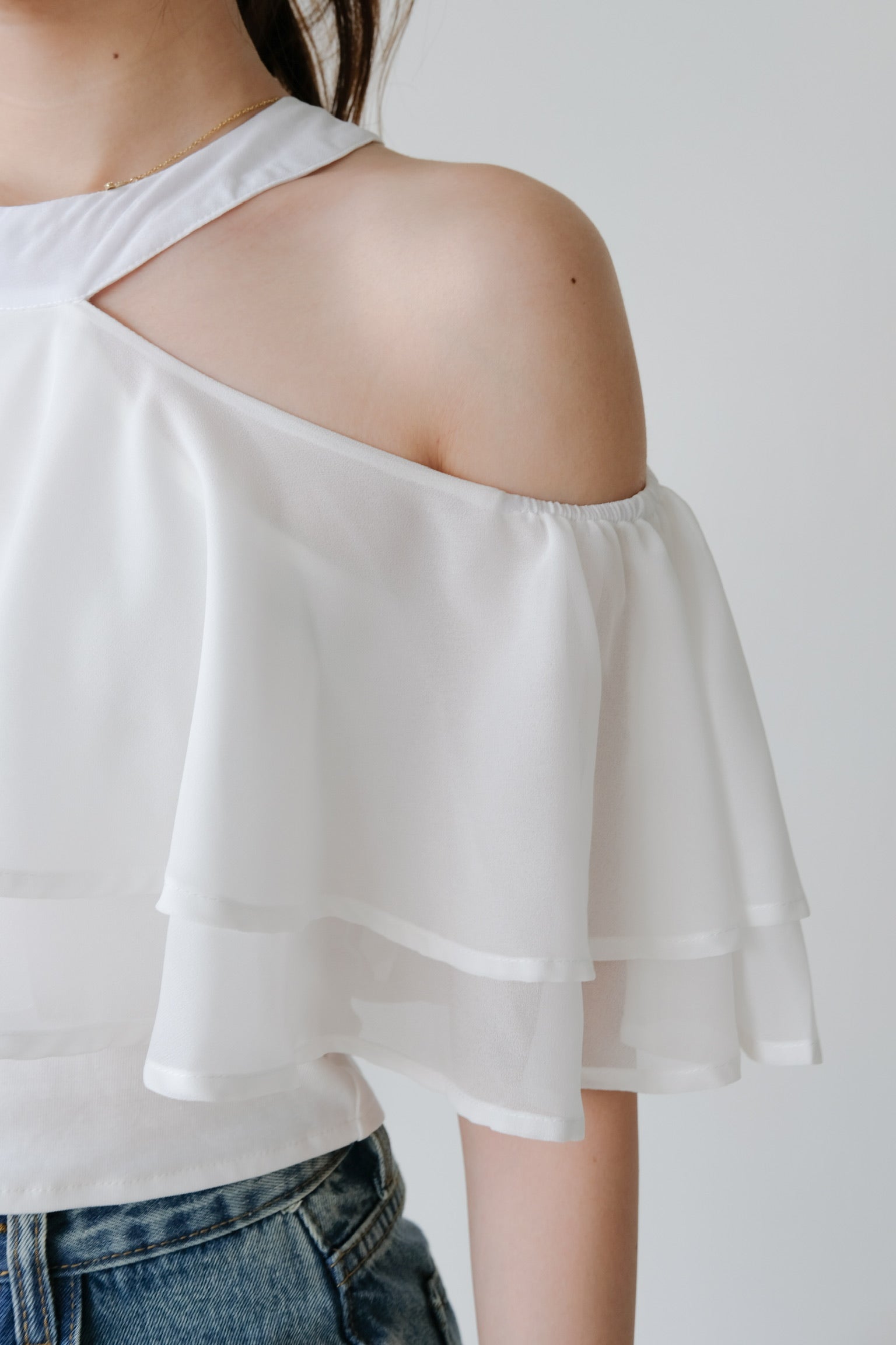 Estelle Halter Ruffle Tiered Crop (White)