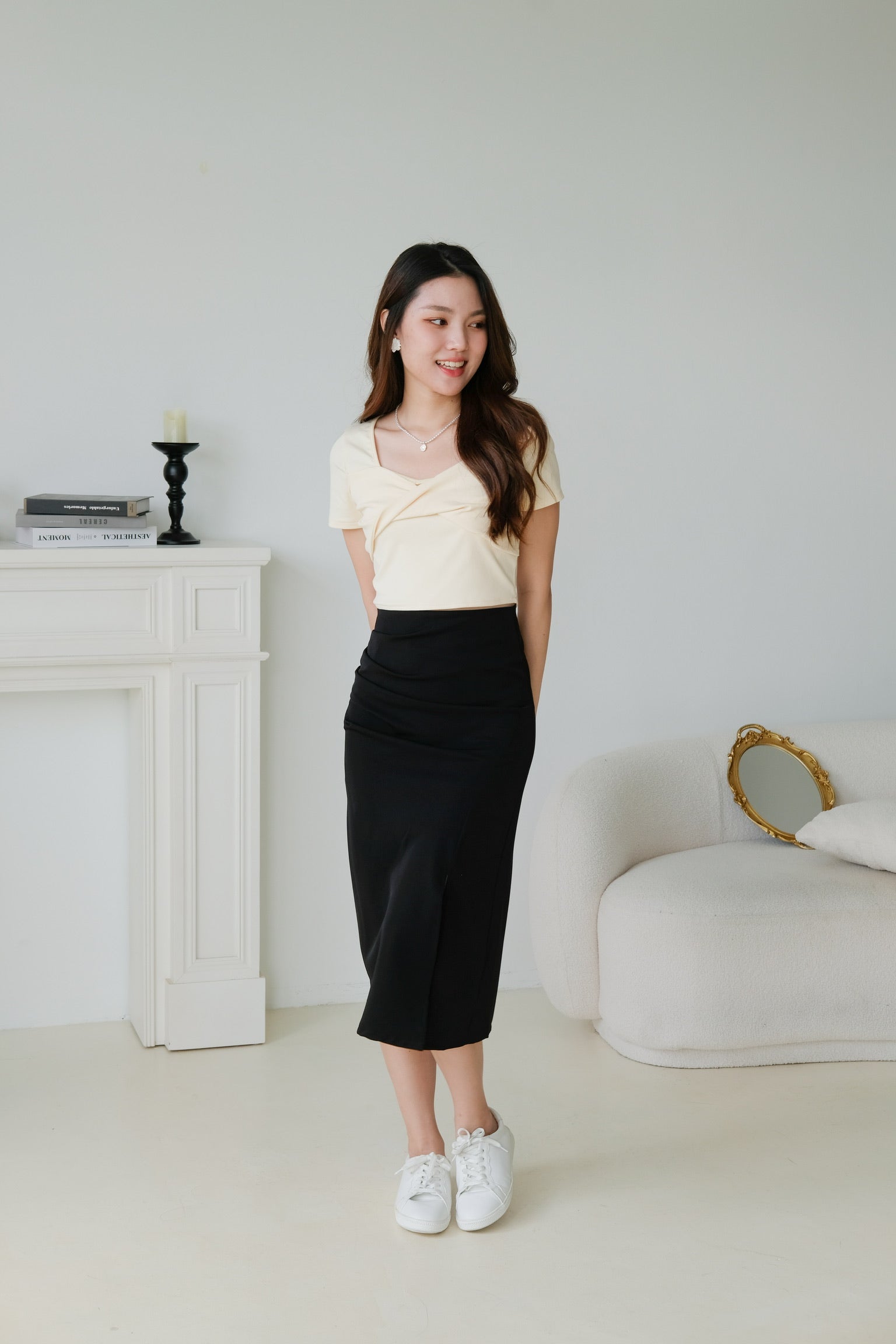 Adaline Ruched Side Slit Midi Skirt (Black)