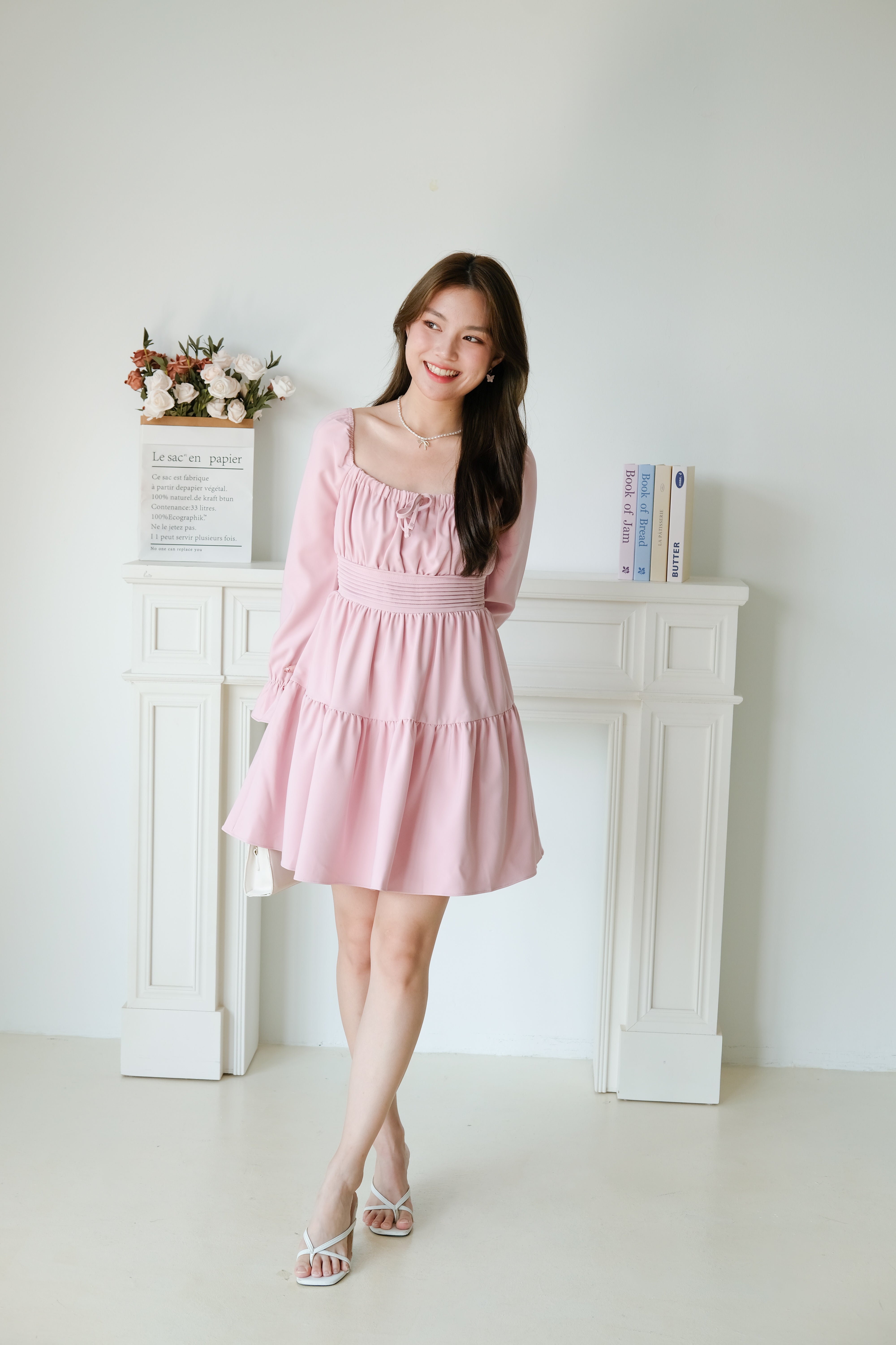 Destiny Ruched Long Sleeves Dress (Pink)