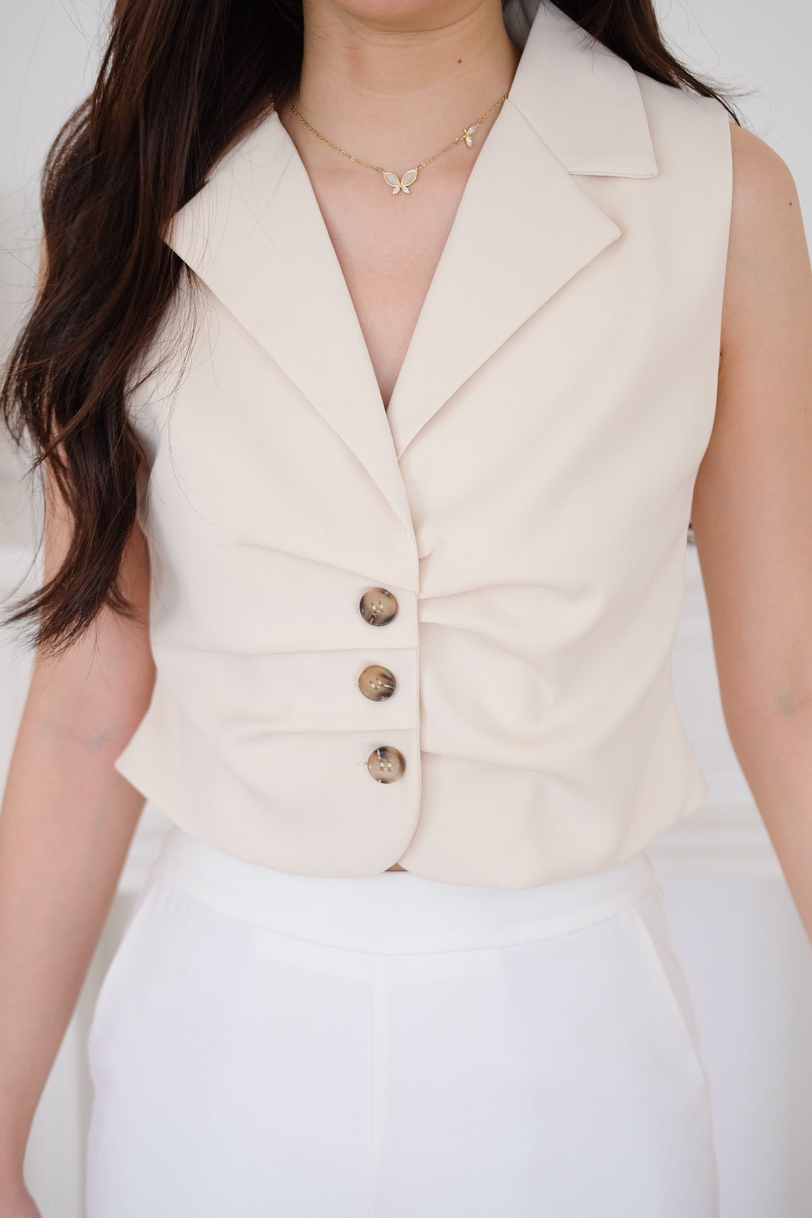 Noel Collared Crepe Vest Top (Beige)