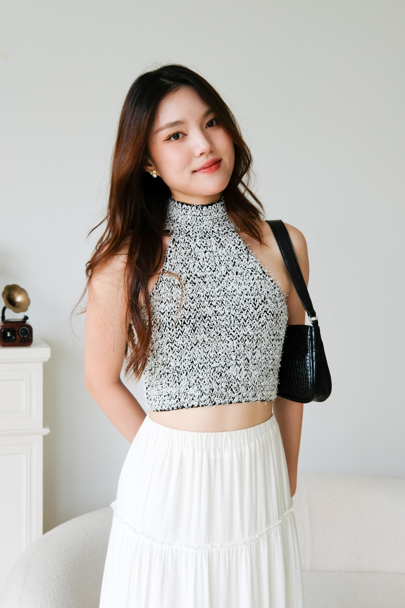 Hana Halter Tweed Crop (Silver)