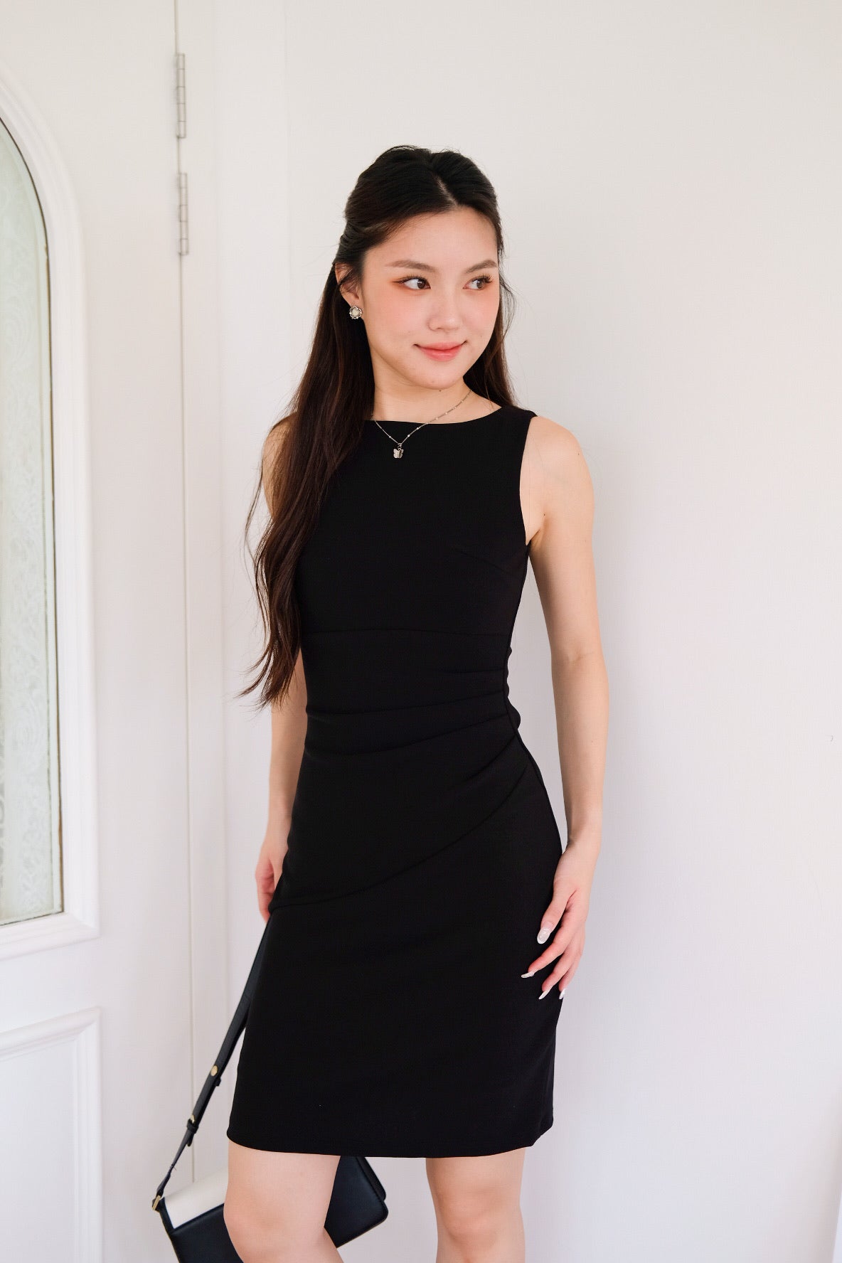 Annette Boatneck Ruched Midi Dress (Black)
