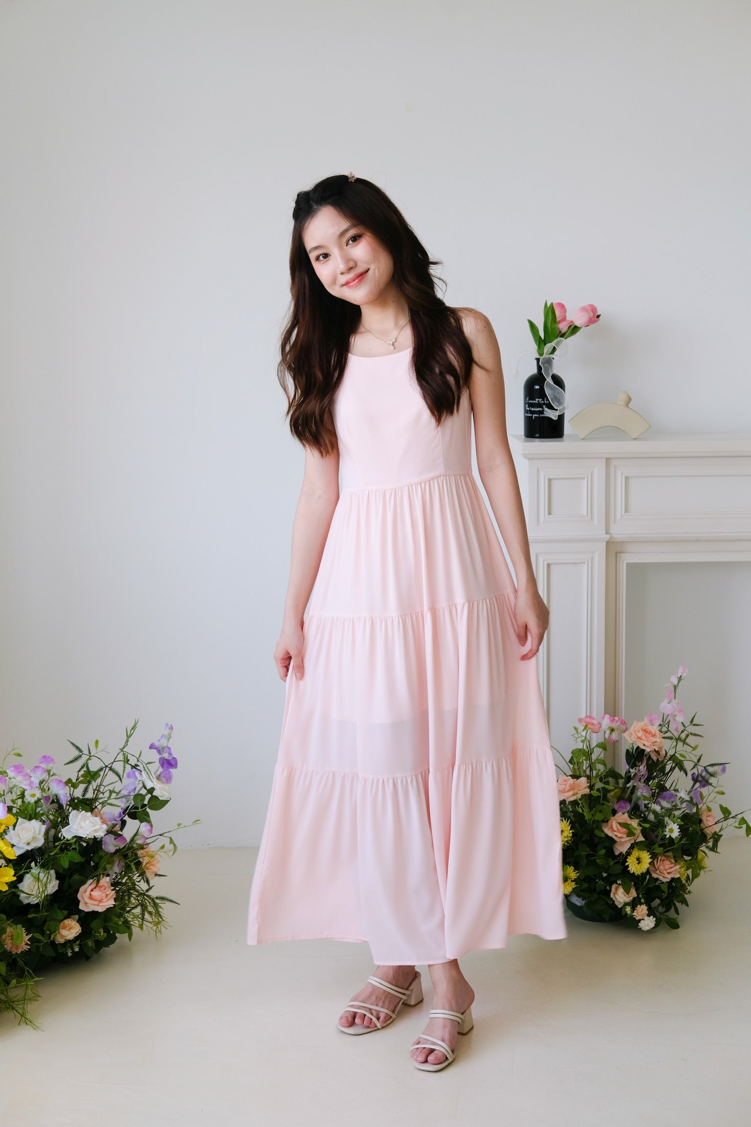 Bernice Boatneck Tiered Maxi Dress (Peach Pink)