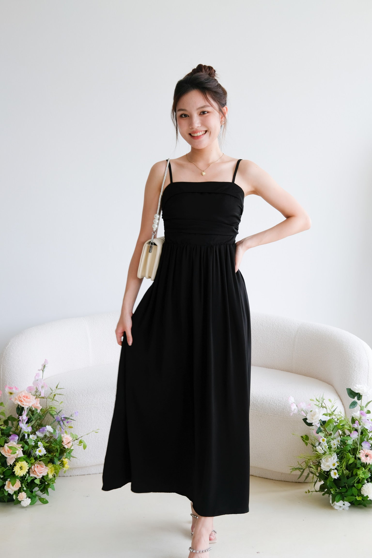 Helen Ruched Flare Maxi Dress (Black)