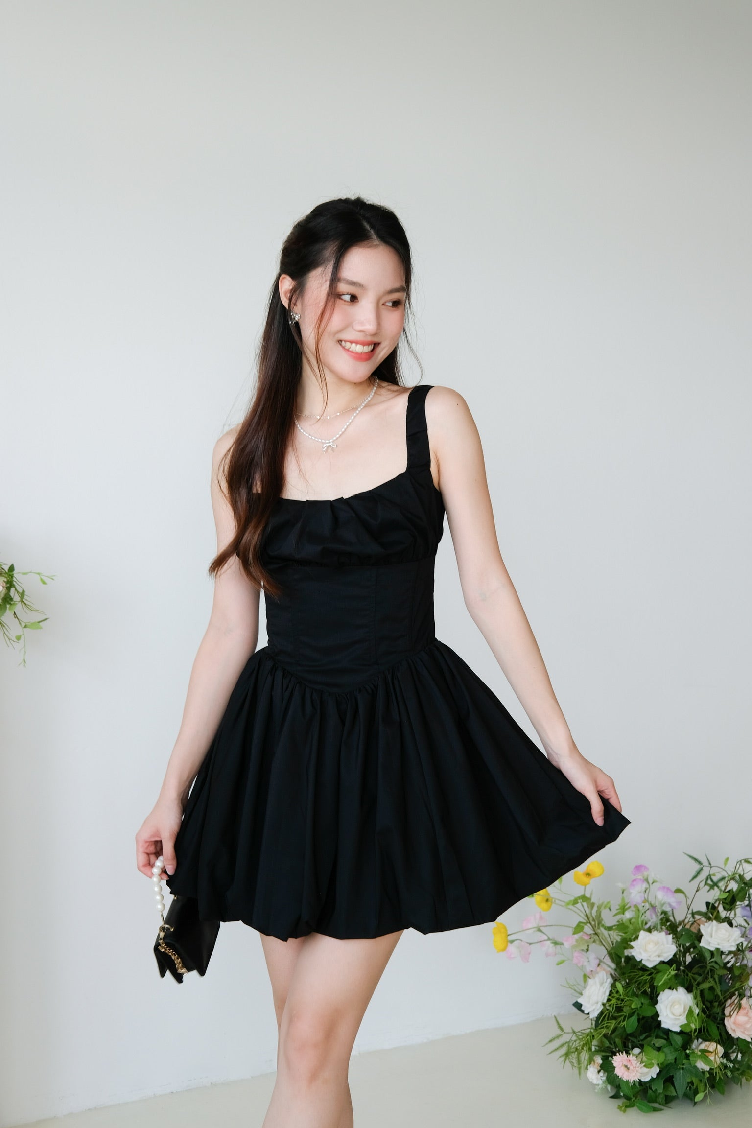 Carine Ruched Bubble Dress (Black)