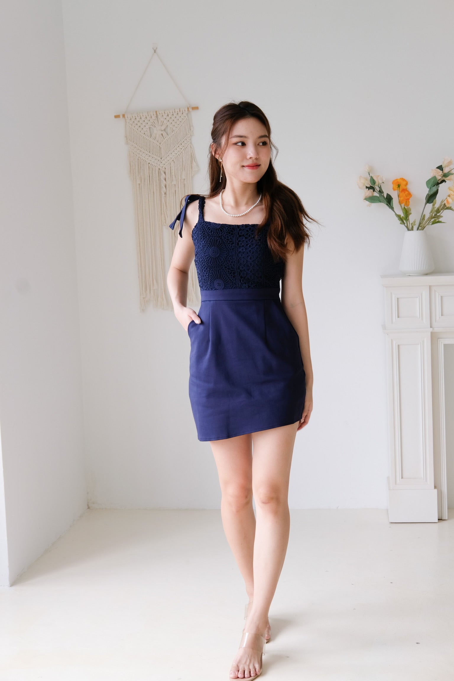 Leanne Crochet Asymmetrical Dress (Navy Blue)