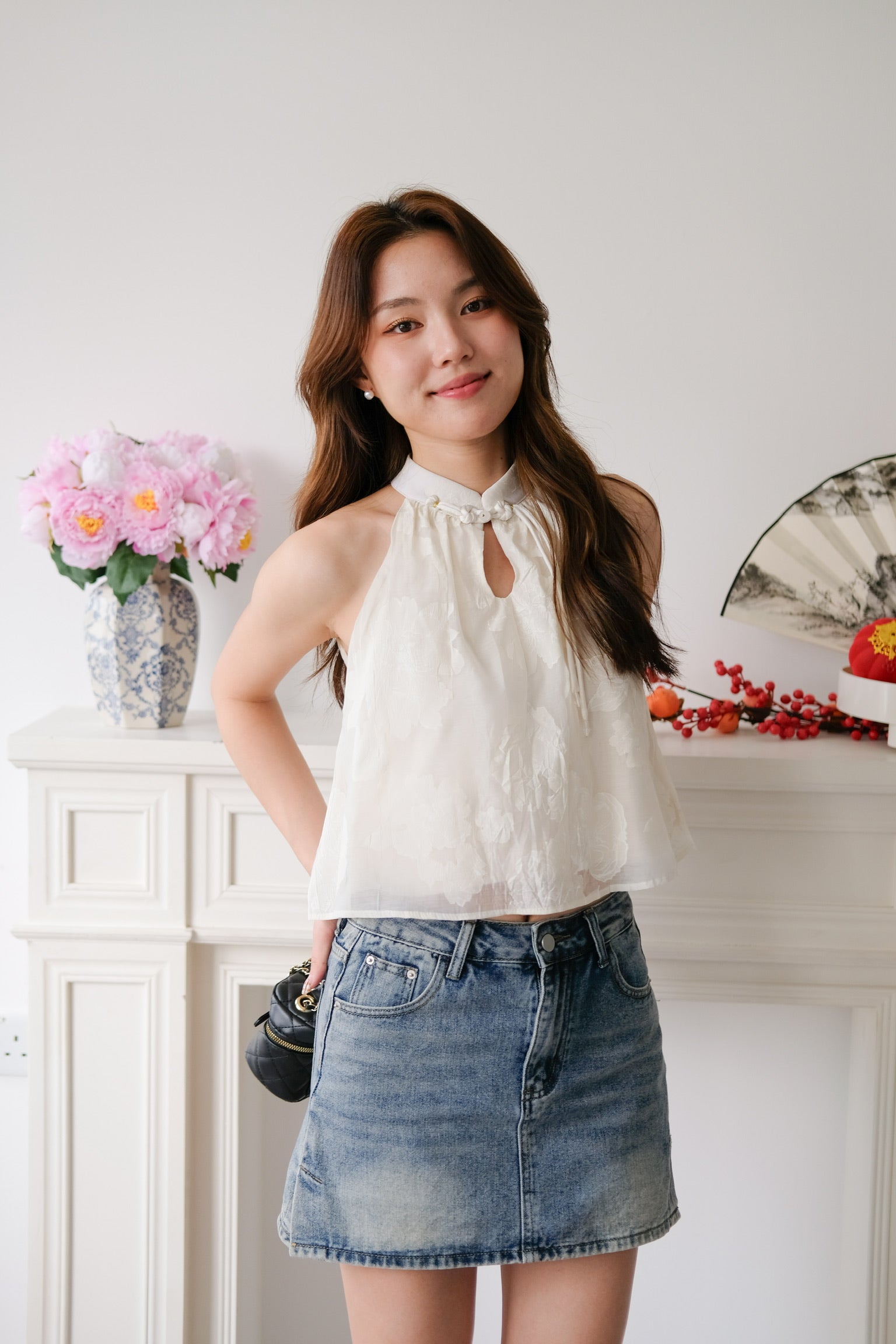 Chu Ran Floral Organza Cheongsam Top (Cream)