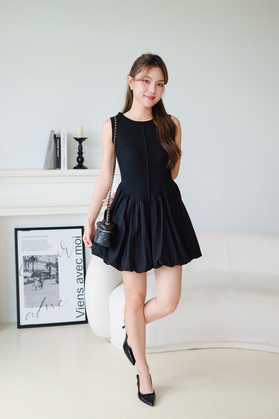 Carmen Ribbed Bubble Dress (Black)