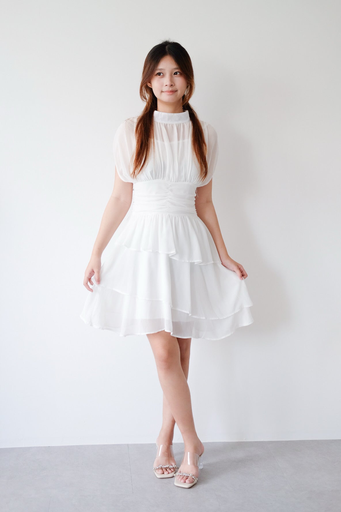 Faux Two-Piece White Ruffle Mini Dress