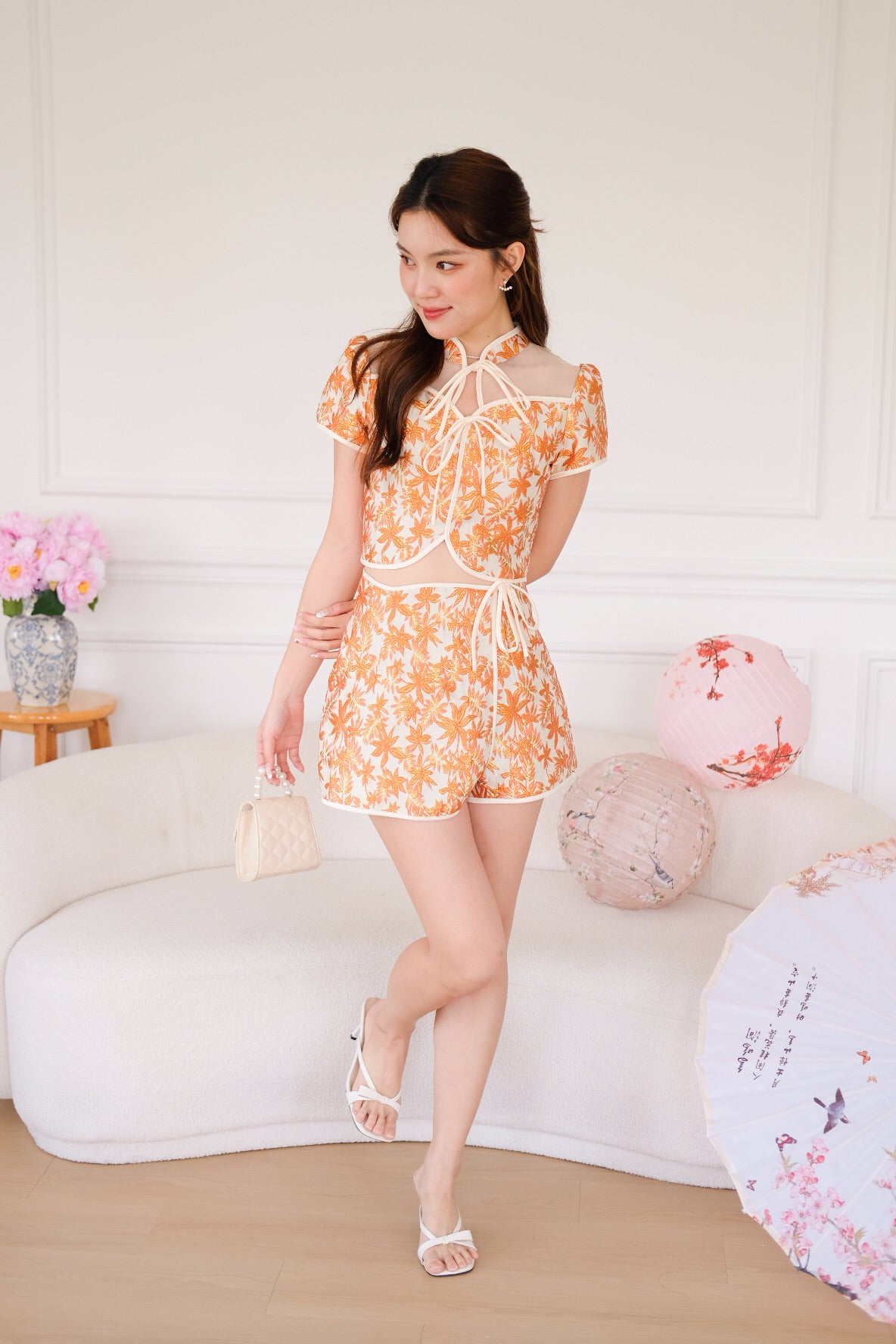 财源滚滚 Fortune Ribbon Floral Cheongsam Set (Tangerine)