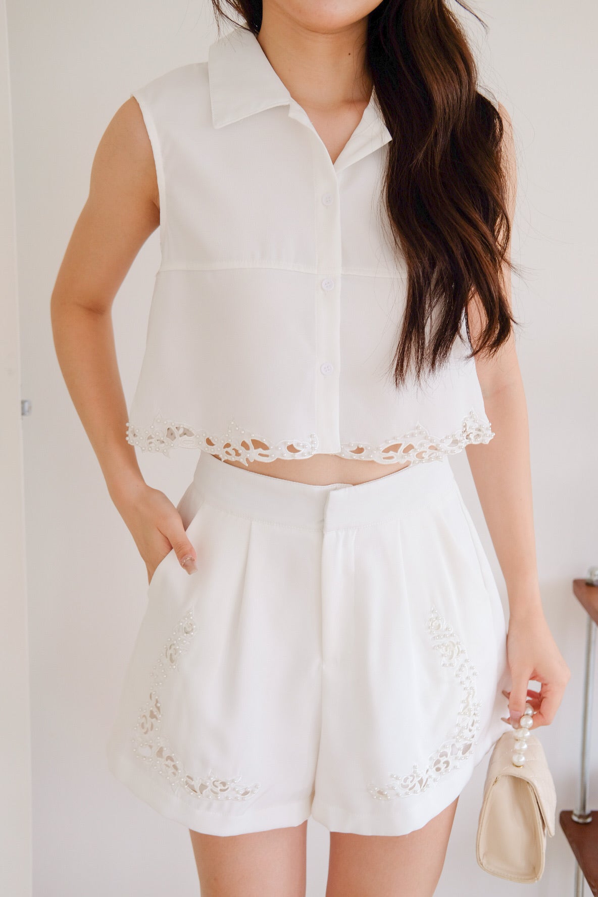 Petrina Eyelet Collared Set (White)