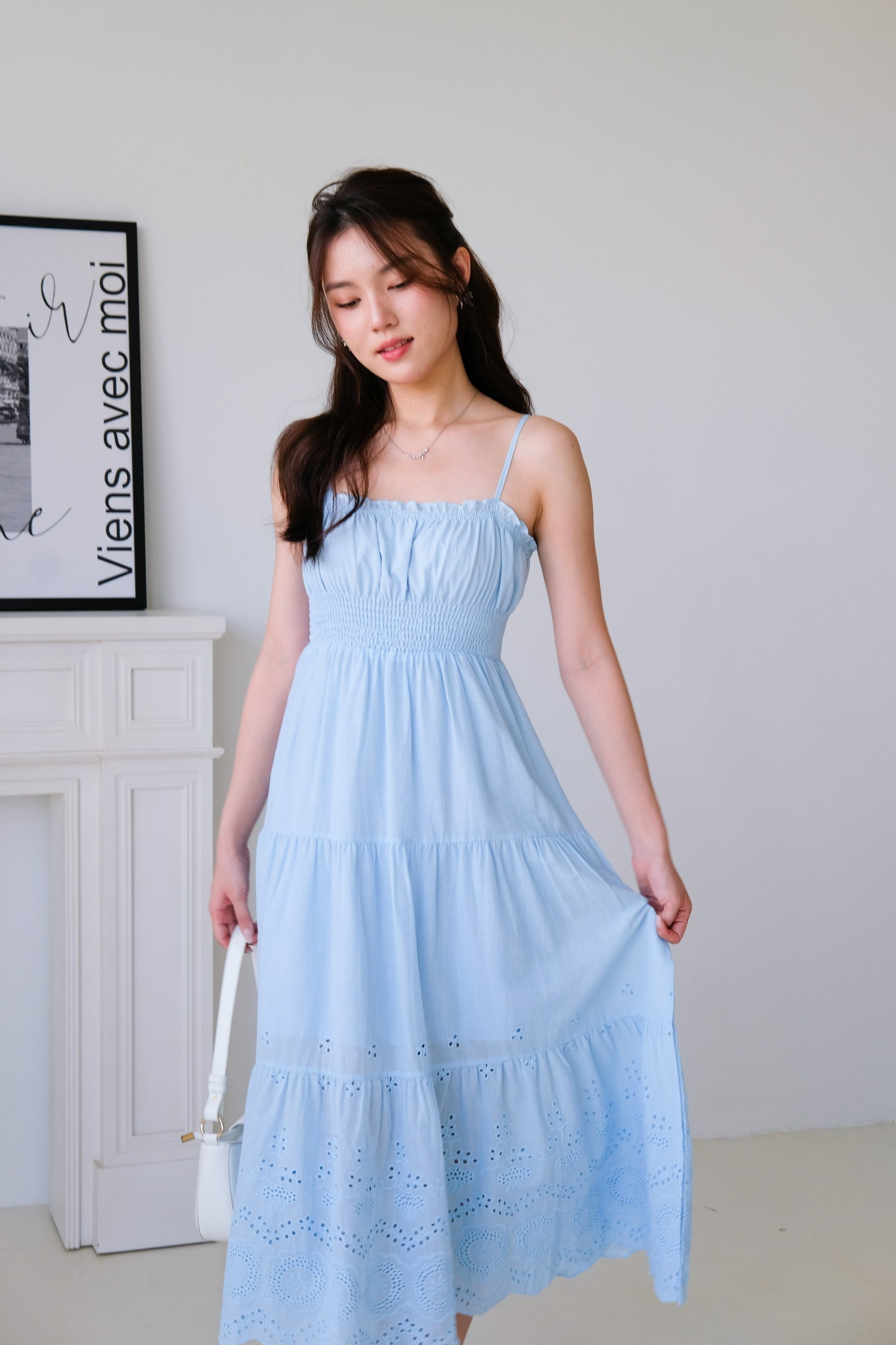 Adelaide Smocked Eyelet Maxi Dress (Sea Blue)