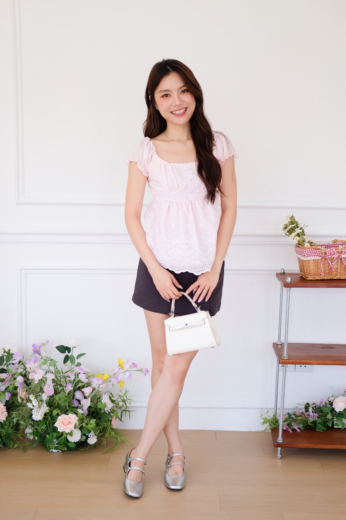 Kylin Eyelet Ruched Peplum Top (Baby Pink)