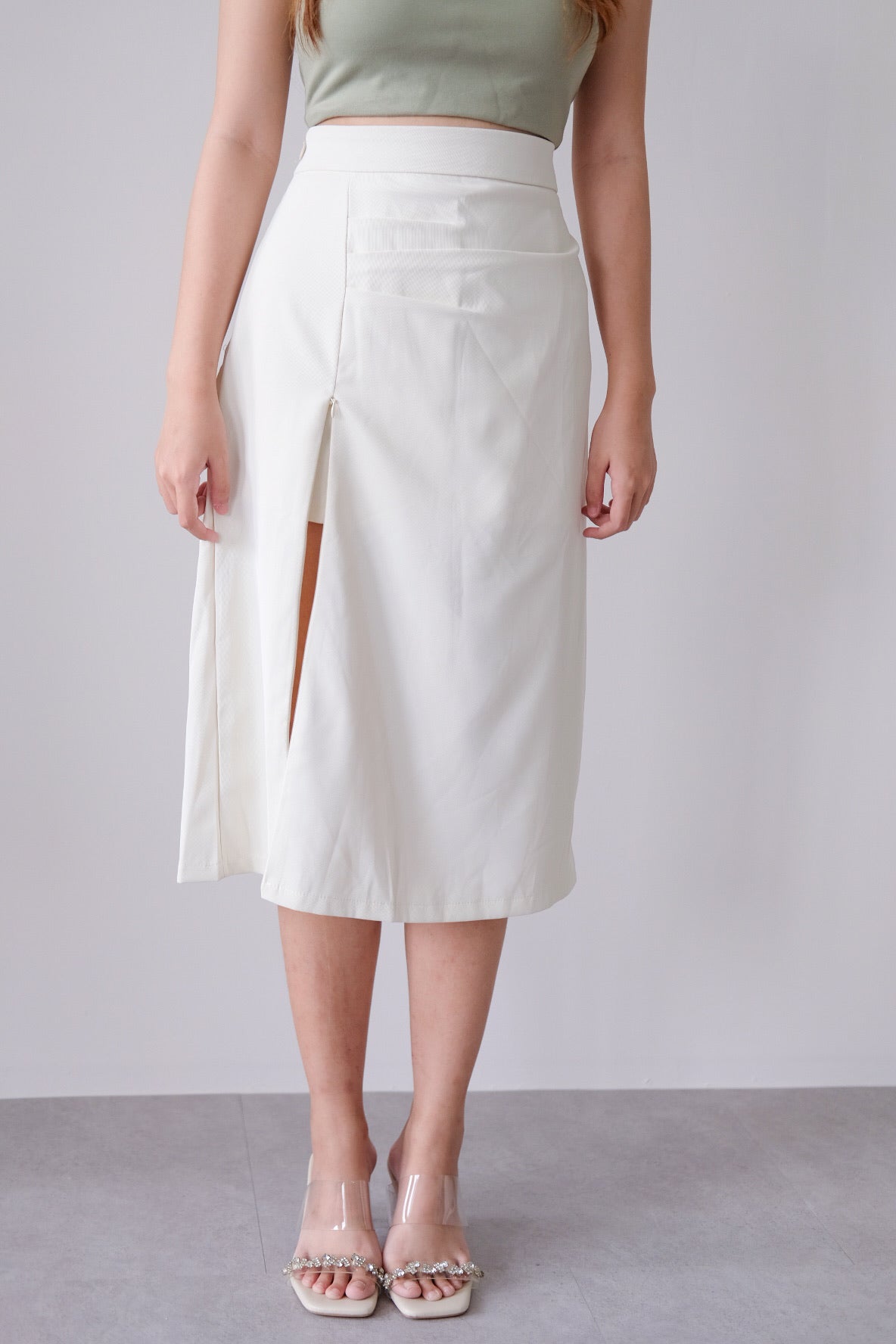 Cream Side Ruched Midi Skirt