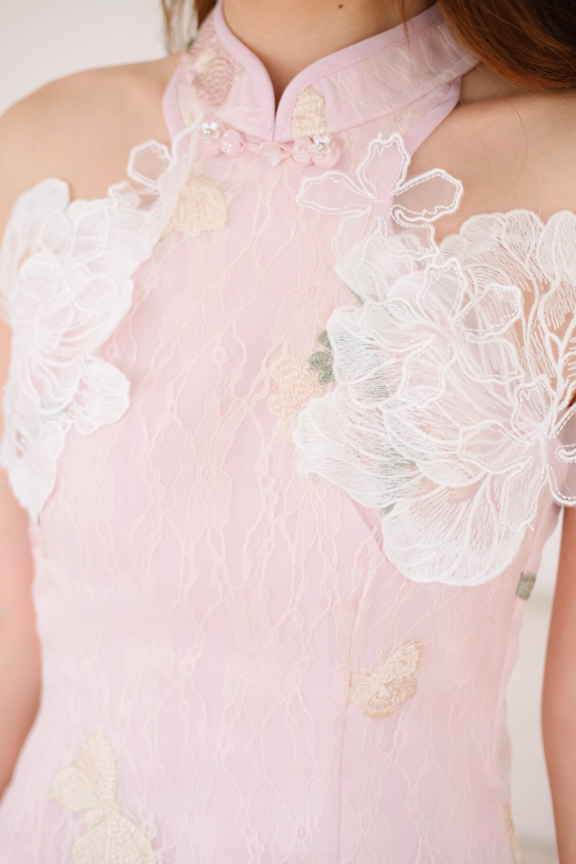 檀宁 Tan Ning Floral Lace Halter Top (Light Pink)