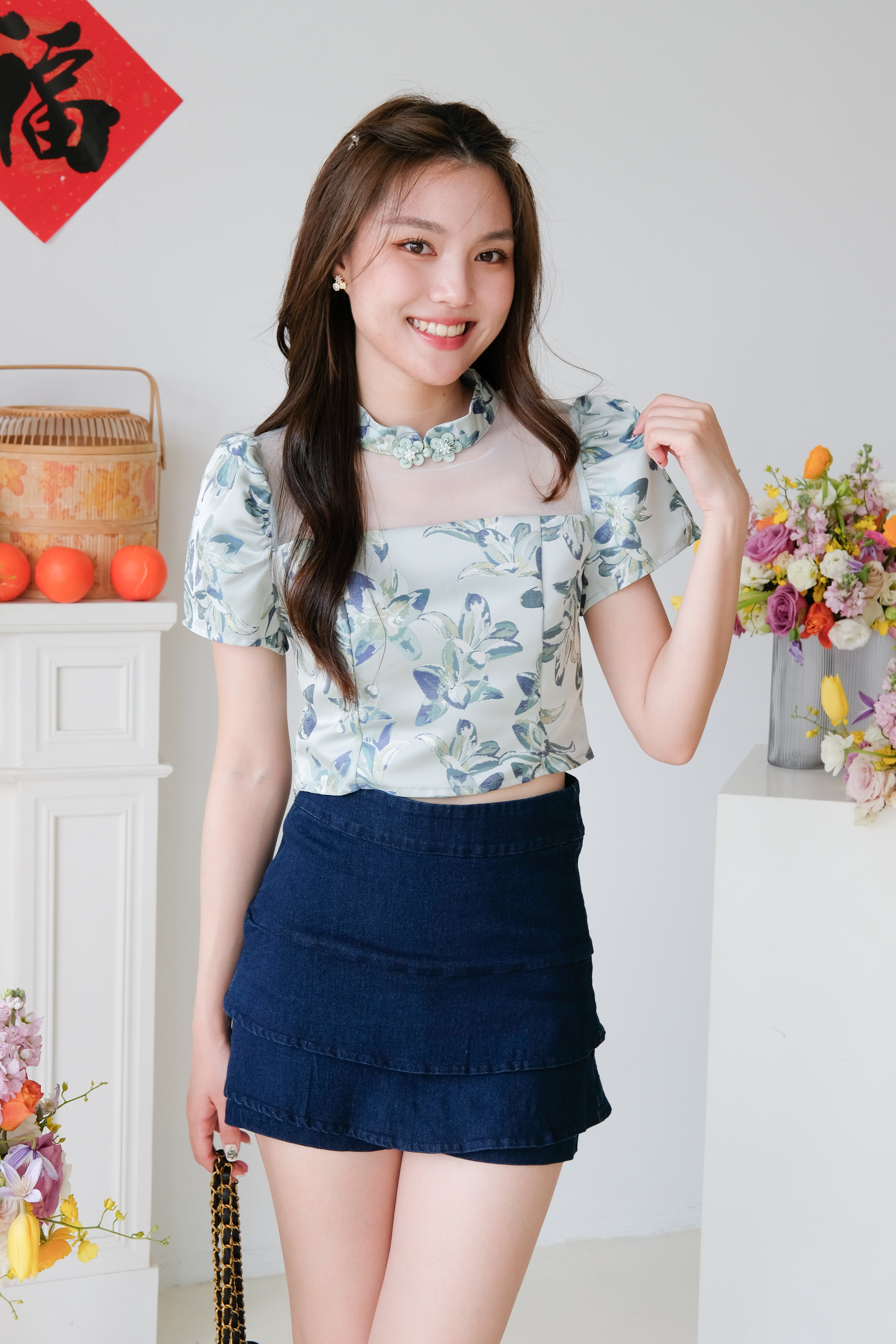 Yan Sleeve Cheongsam Top (Blue)