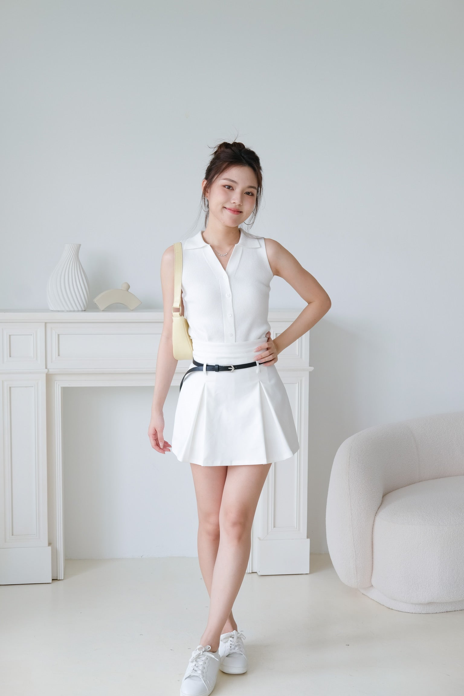 Eva Belt Thick Pleat Skirt (White)