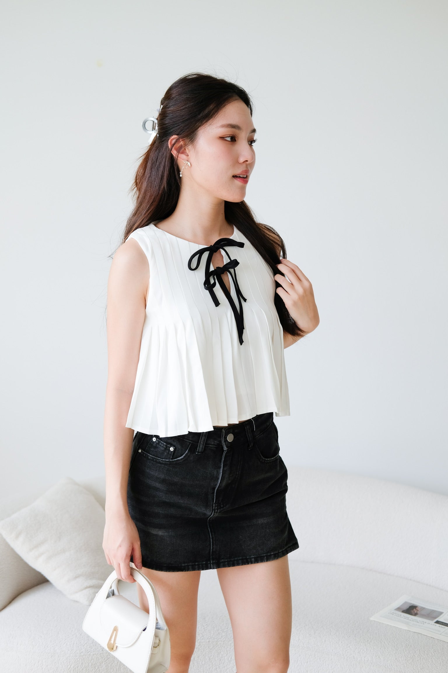 Chantell Pleated Babydoll Top (White)
