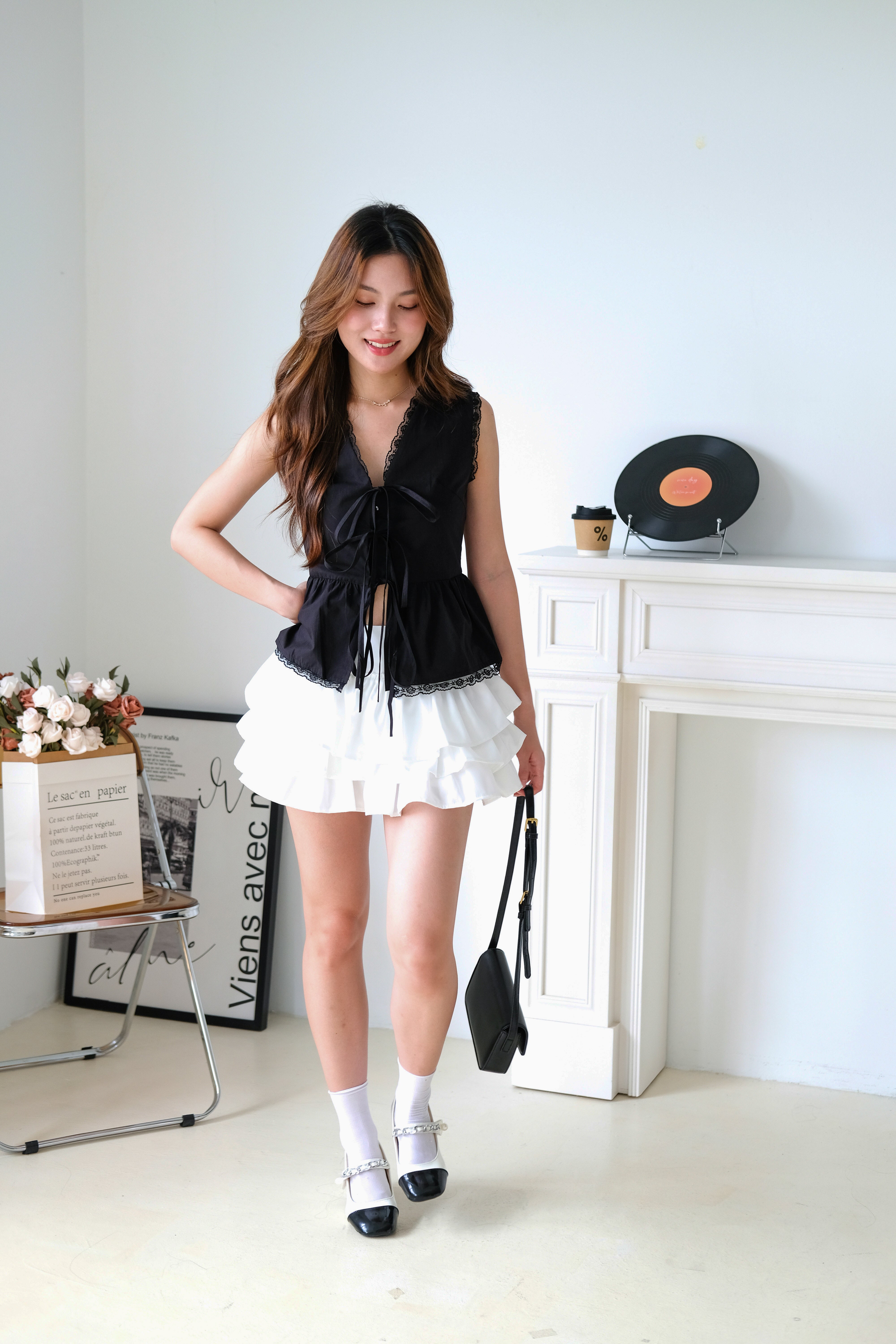 Jeanne Lace Drawstring Peplum Top (Black)