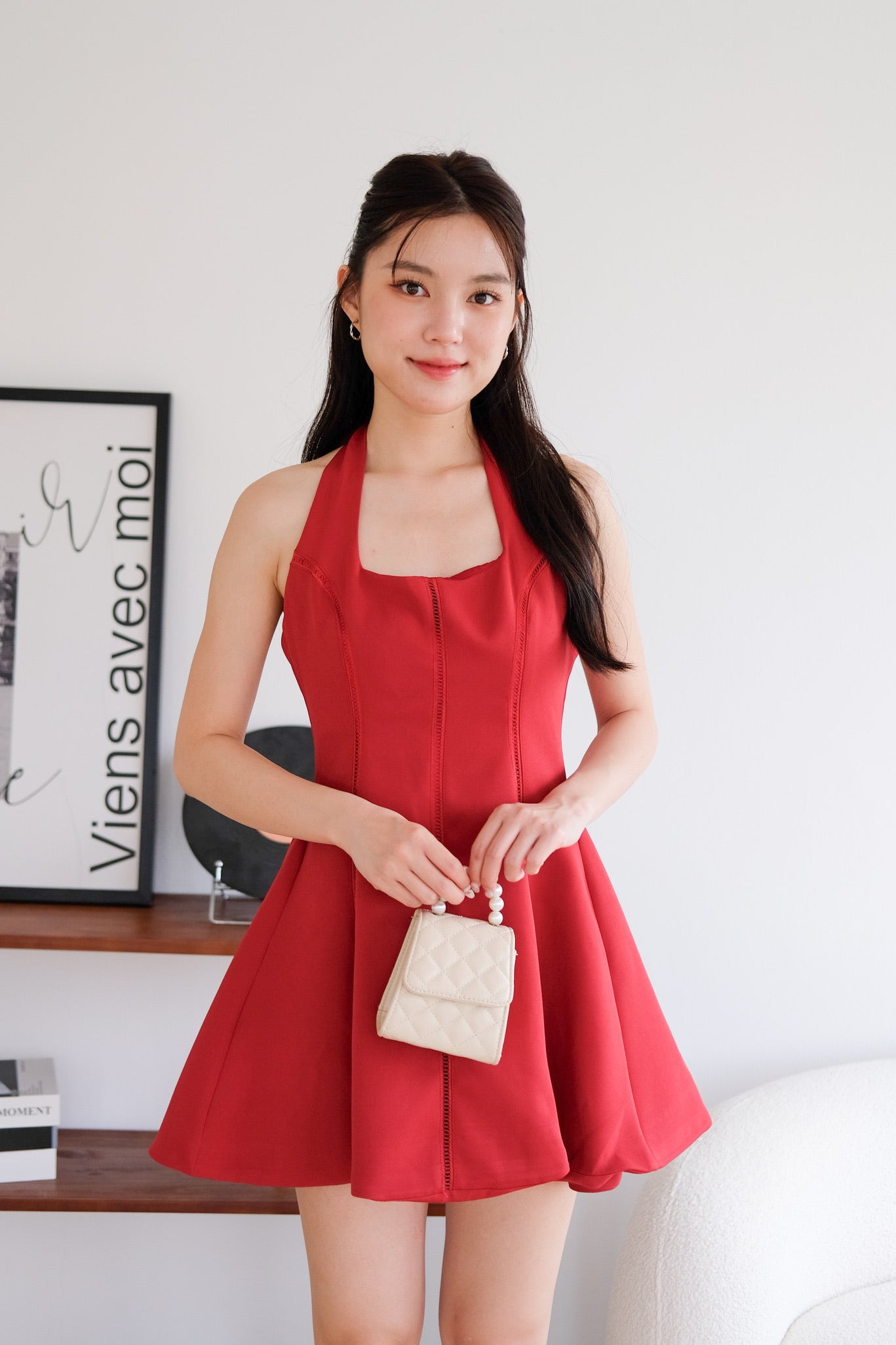 Violette Self Tie Halter Skater Dress (Red)