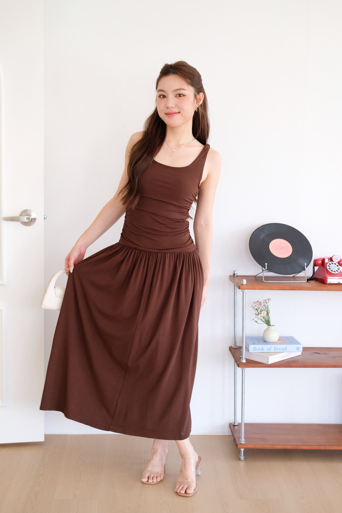 Rosalyn Scoop Ruched Maxi Dress (Mocha)