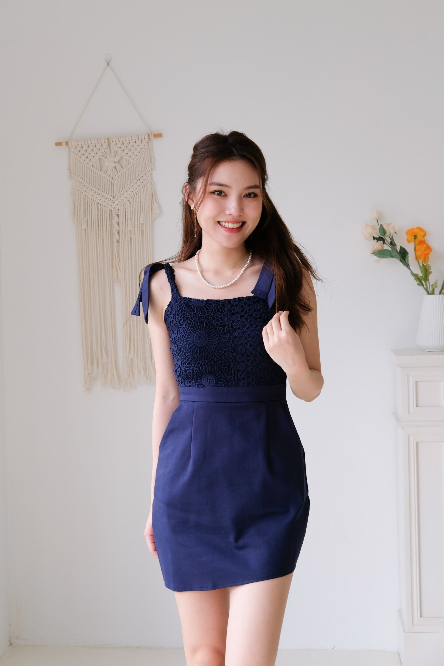 Leanne Crochet Asymmetrical Dress (Navy Blue)