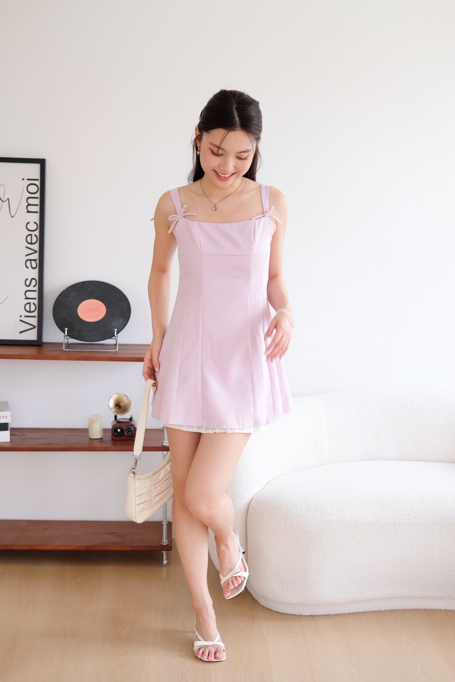Coleen Ribbon Contrast Pleats Dress (Pinkish Purple)