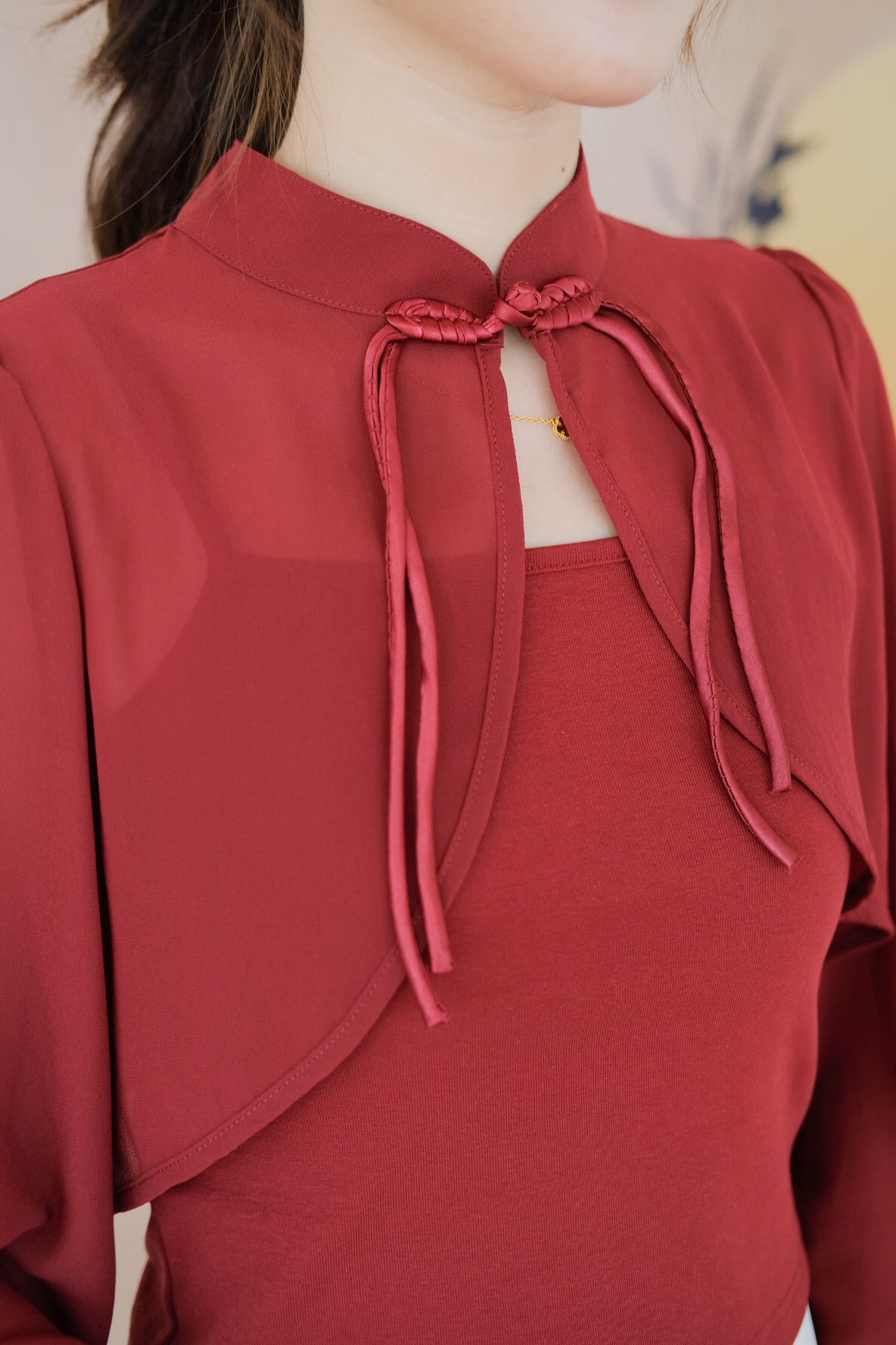 清 Qing 2 in 1 Long Sleeves Cheongsam Top (Wine)