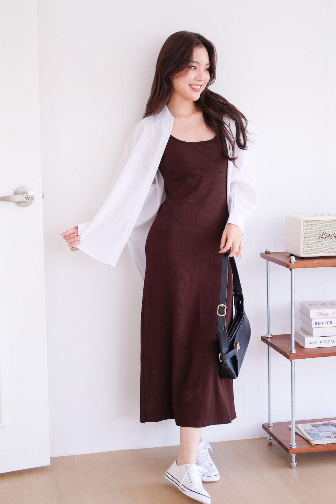 Jocelyn Padded Ribbed A Line Dress (Espresso Brown)