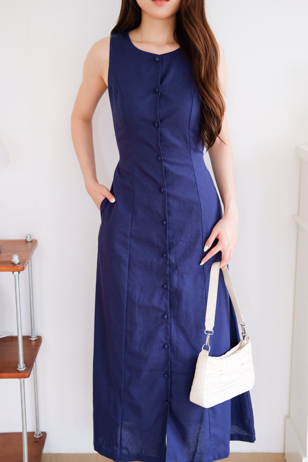 Arlette Button Linen Maxi Dress (Navy Blue) [ ETA 13 Oct ]