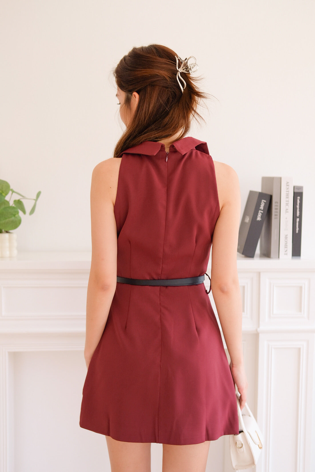 Chrysan V Neck Belted Dress (Maroon)