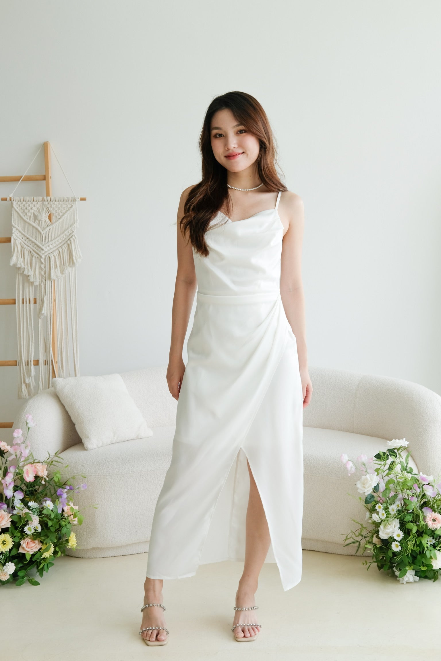 Sheryl Draped Satin Maxi Dress (Pearl White)