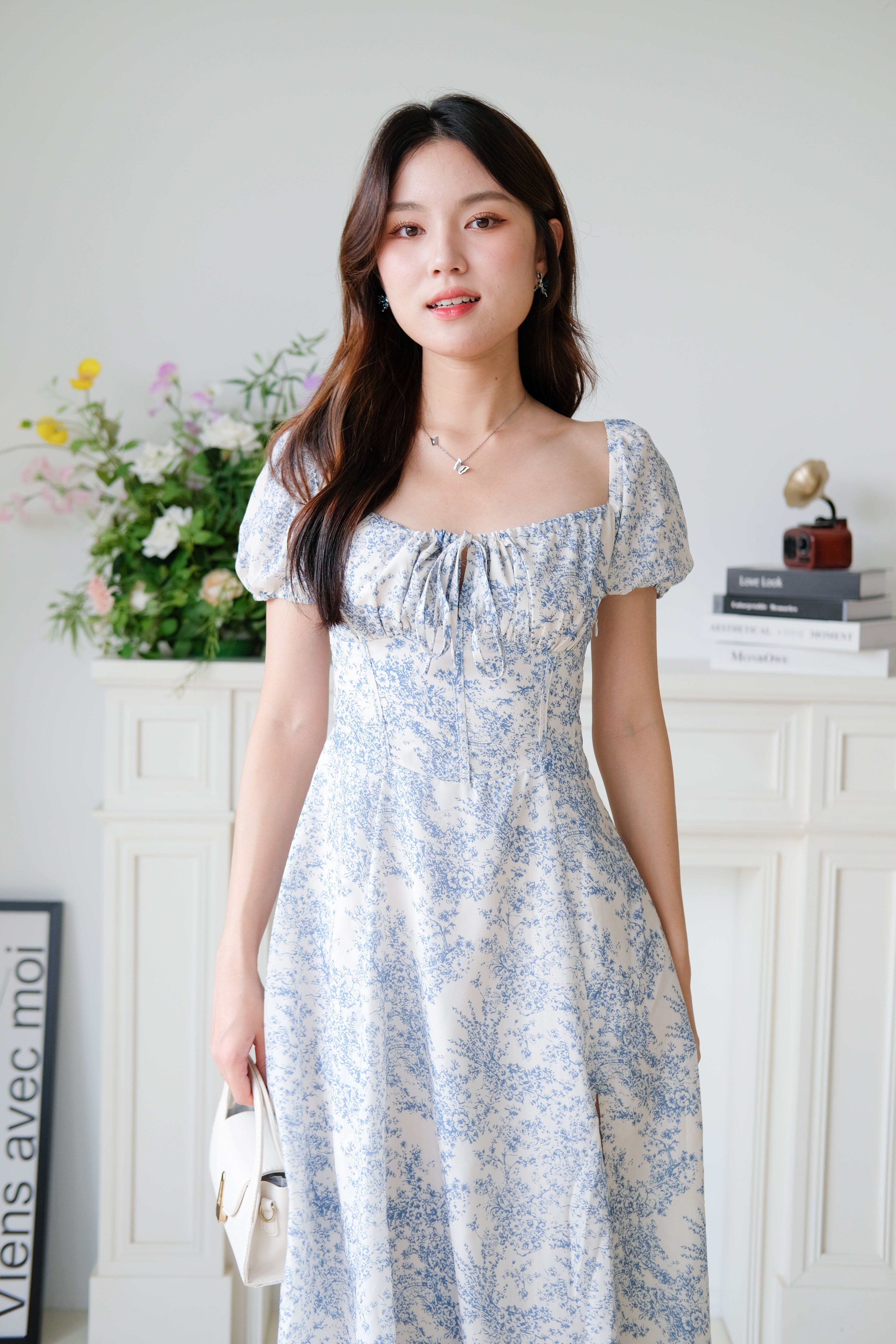 Daphne Ruched Porcelain Maxi Dress (Sky Blue)