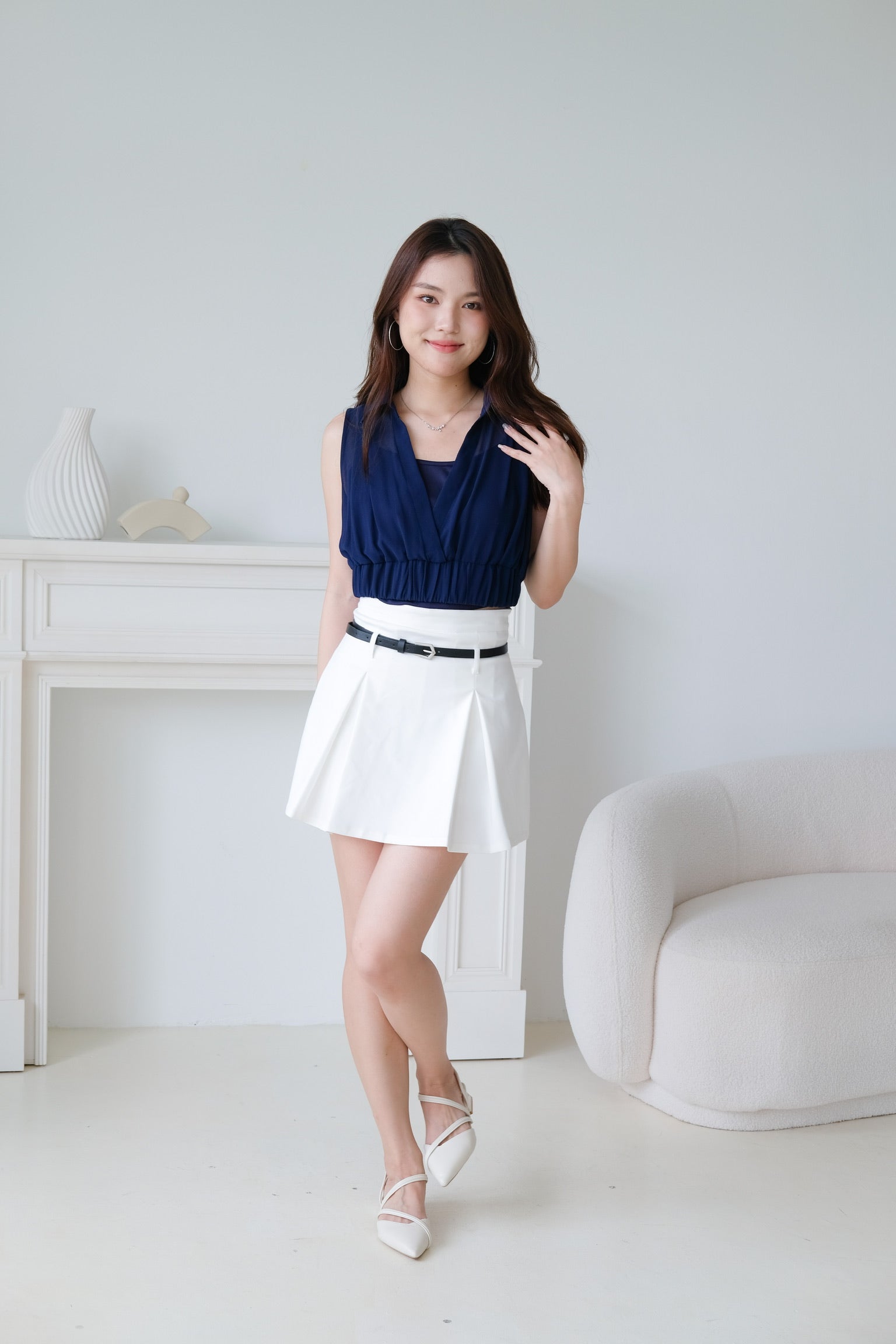 Eva Belt Thick Pleat Skirt (White)