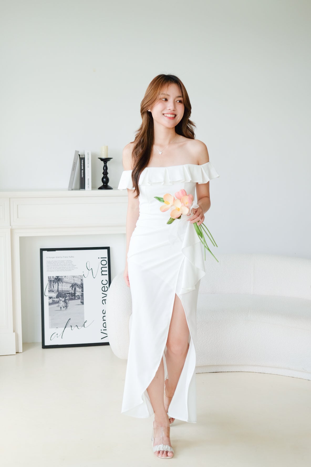 Dione Off Shoulder Slit Dinner Maxi Dress (White)