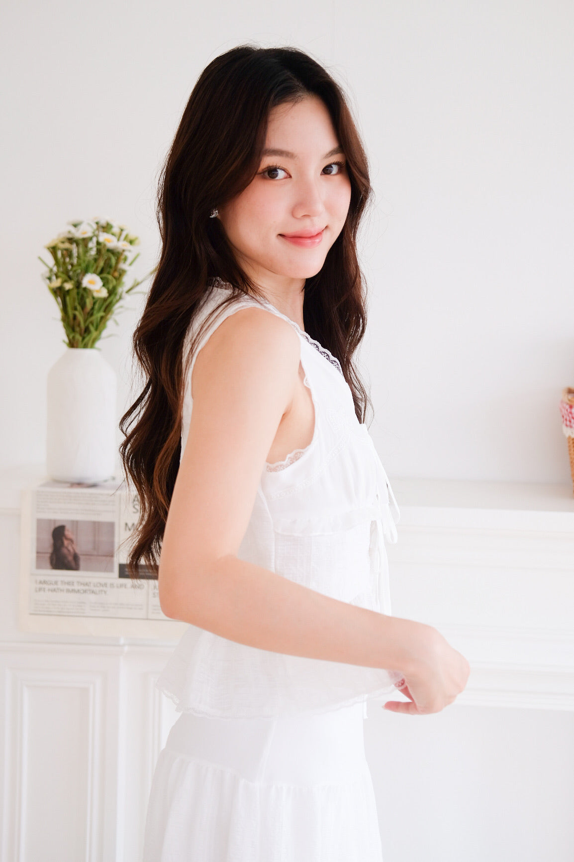 Yanice Ruffle Ribbon Vest Top (White)