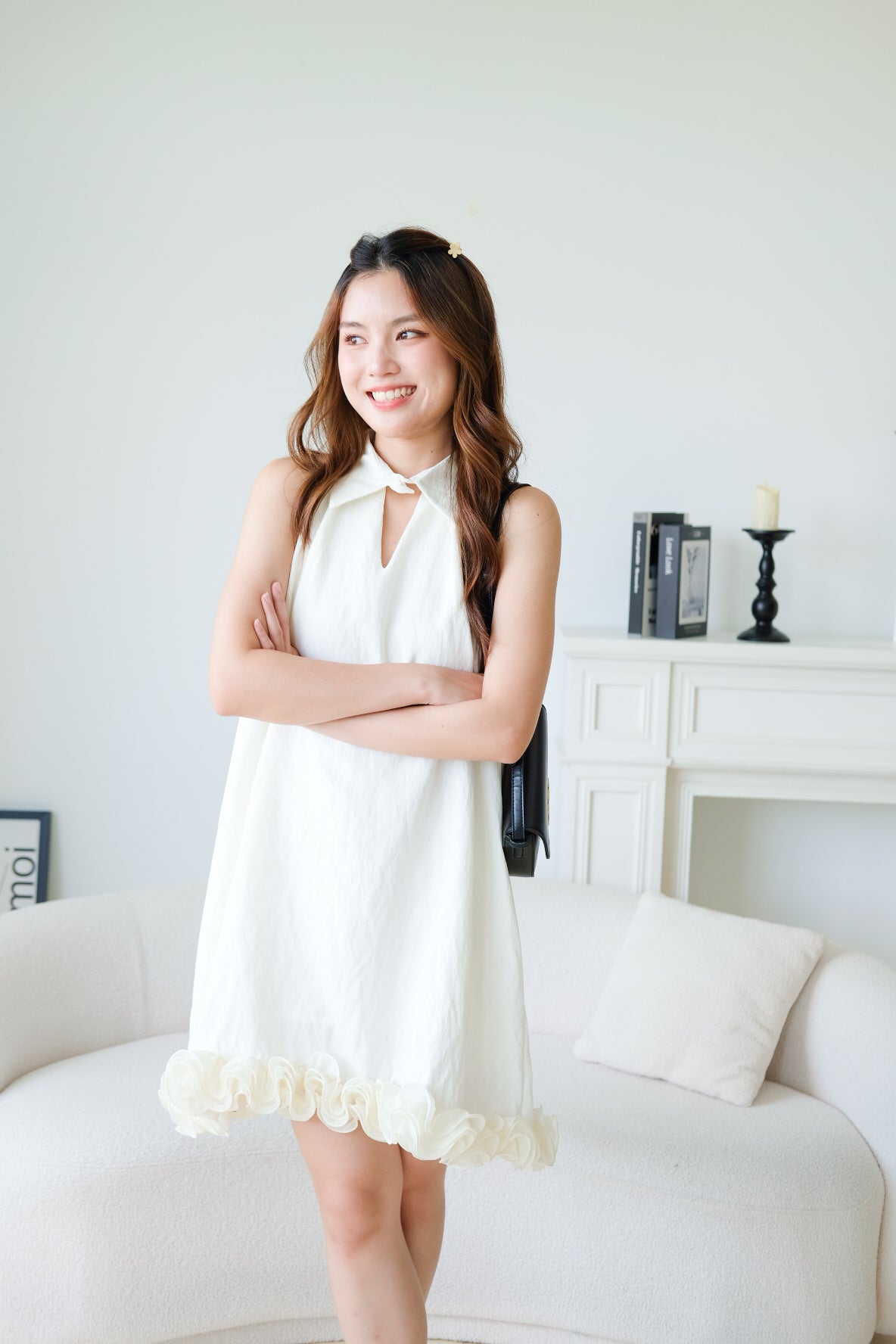 Natasha Collared Ruffle Loose Dress (Cream)