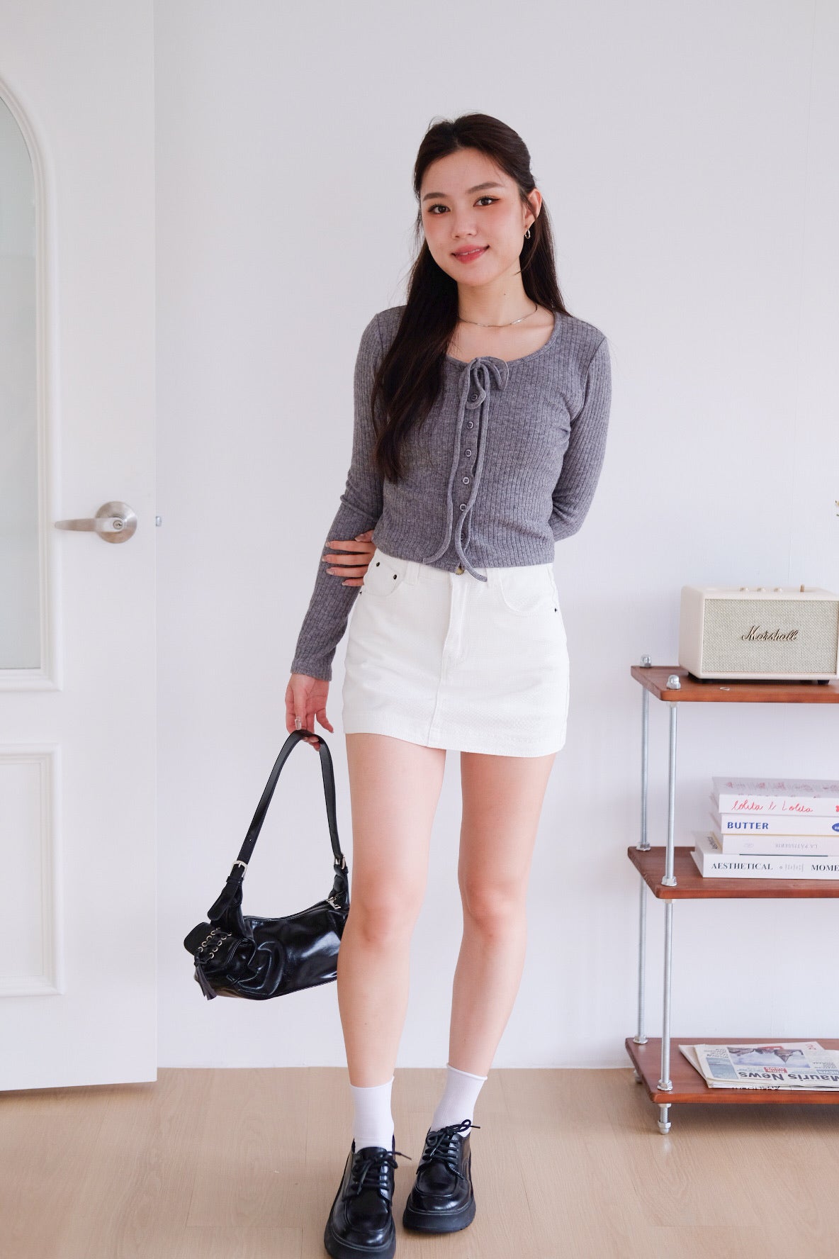 Coco Ribbon Long Sleeve Knit Top (Grey)