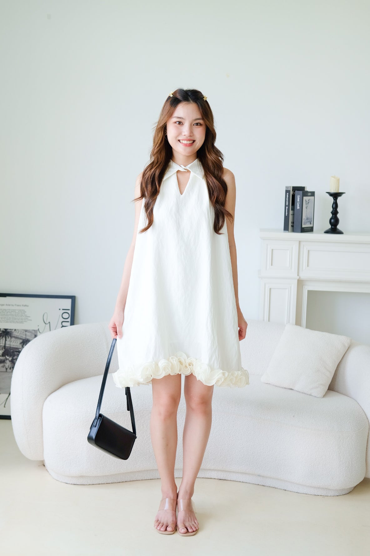 Natasha Collared Ruffle Loose Dress (Cream)