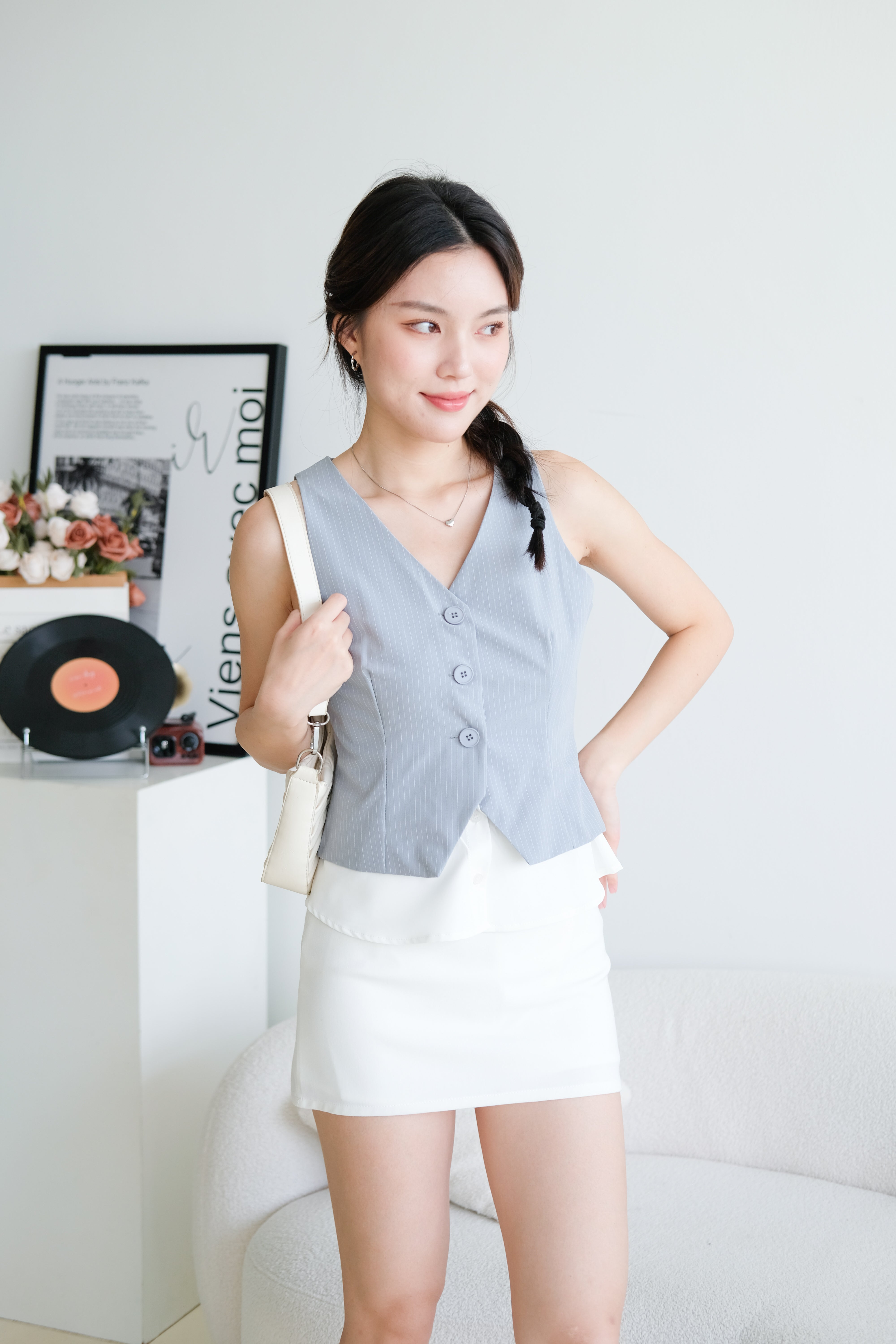 Veen Pinstripe Contrast Vest Top (Dusty Blue)