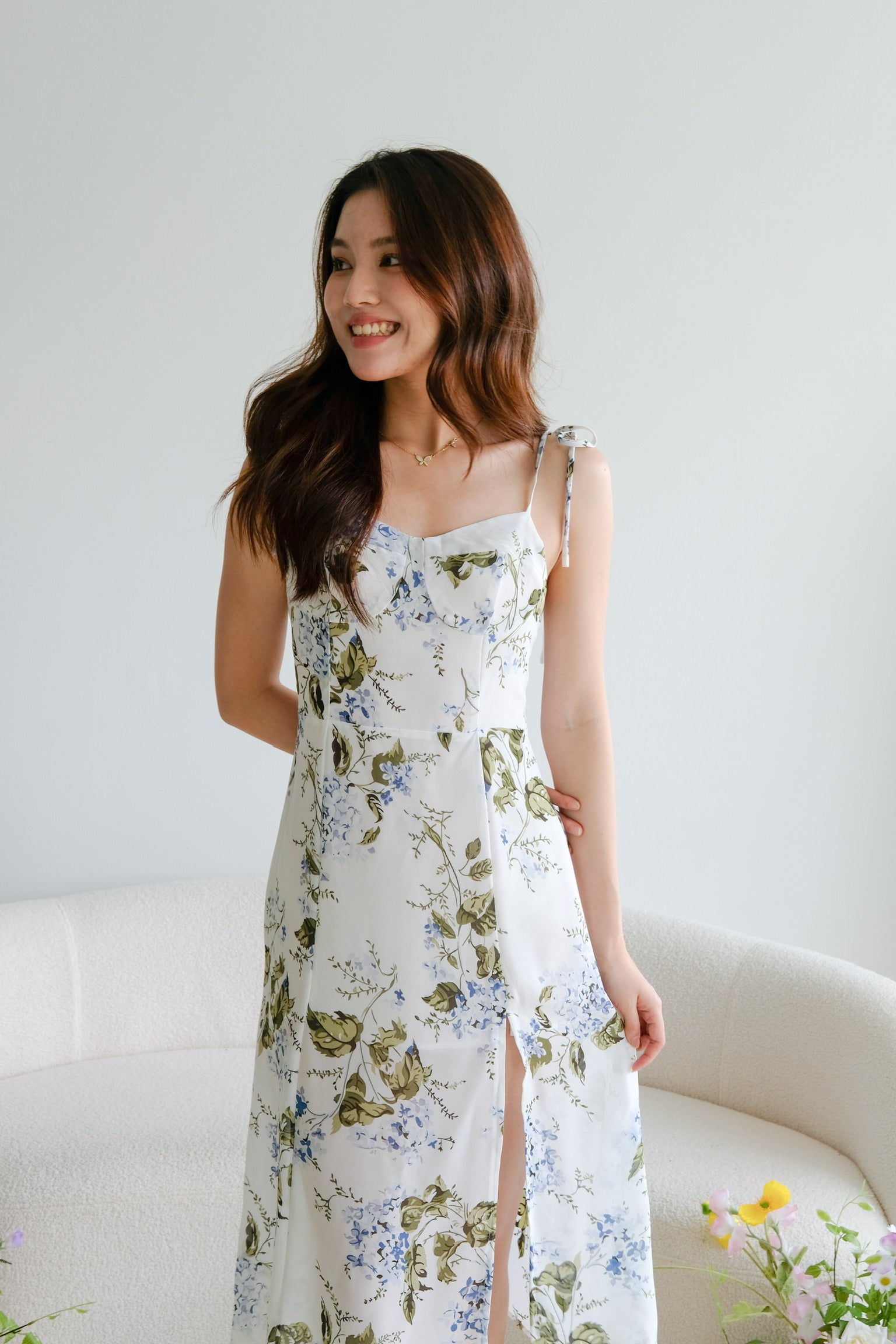 Esther Self Tie Floral Midi Dress (White Floral)