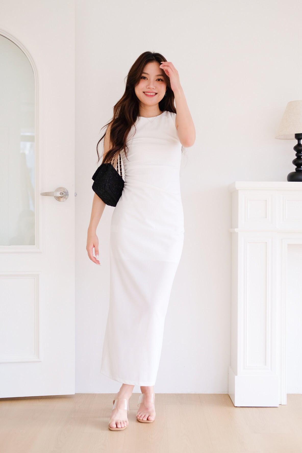 Brianna Ruched Jewel Bodycon Maxi Dress (White)