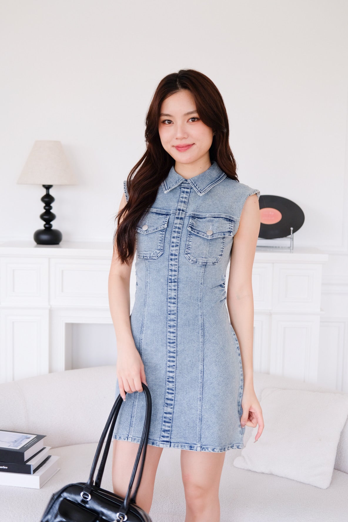 Zia Collared Denim Dress (Acid Light Blue)