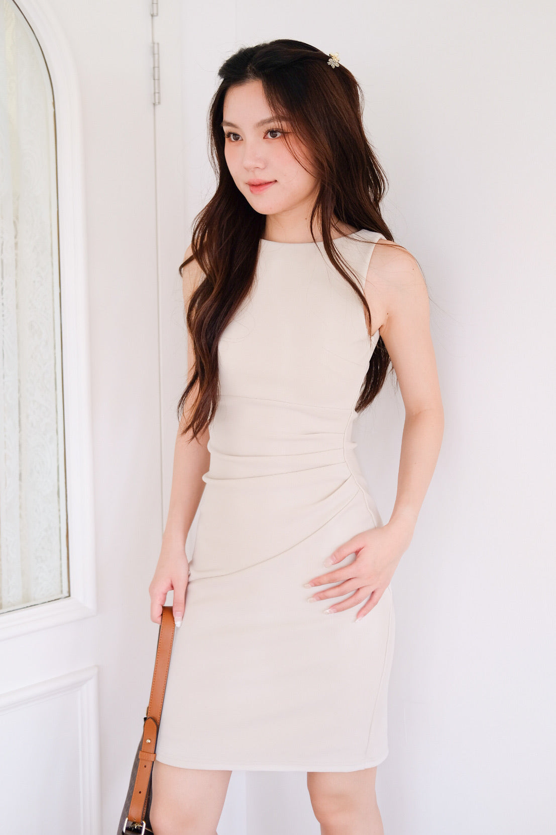 Annette Boatneck Ruched Midi Dress (Sand Beige)